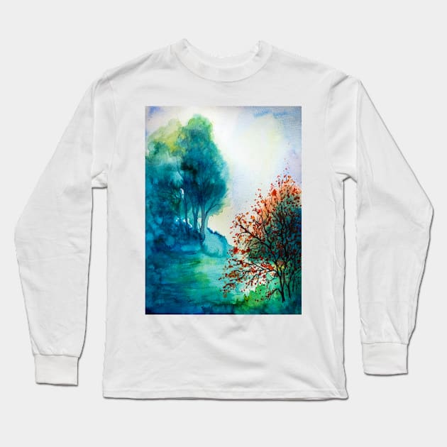 Watercolor autumn landscape 1 Long Sleeve T-Shirt by redwitchart